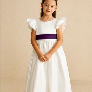 Azazie White Flower Girl Dress with Purple Sash